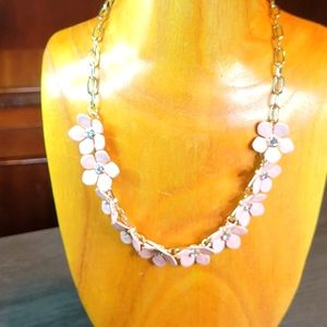 Vintage Pink Enamel Flower Necklace with Icy Rhinestone Accents 18" Long